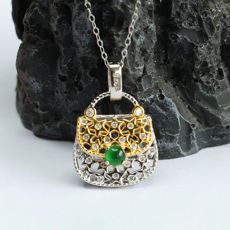 S925 Sterling Silver Jade Zircon Hollow Bag Necklace with Ice Emperor Green Jade