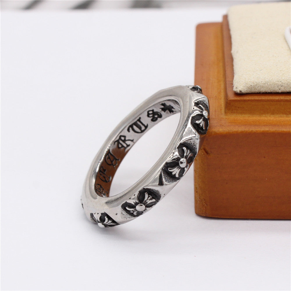 Row of Cross Flower Relief Titanium Steel Ring for Men