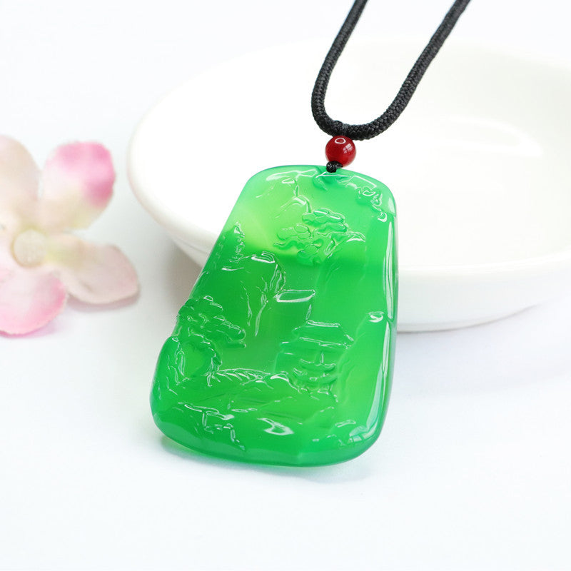 Natural Green Chalcedony Carving Landscape Pendant Jewelry