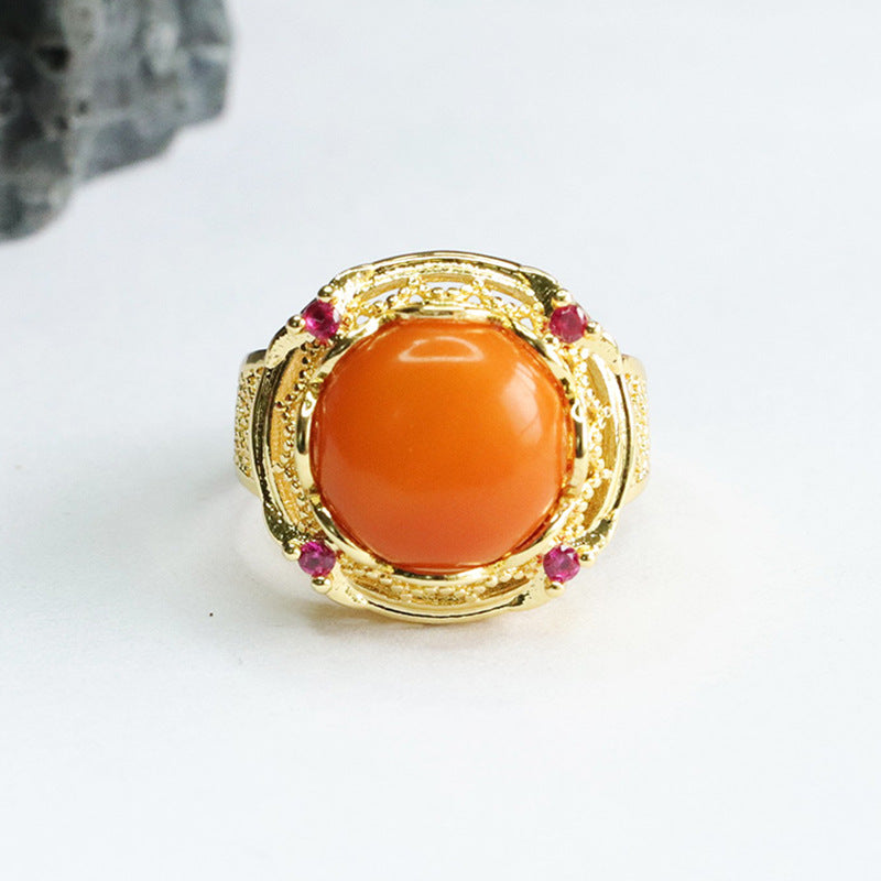 Golden Honey Wax Amber Fortune Ring with Sterling Silver