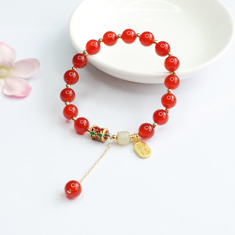 Fortune's Favor Sterling Silver Red Agate and Hetian Jade Tassel Bracelet