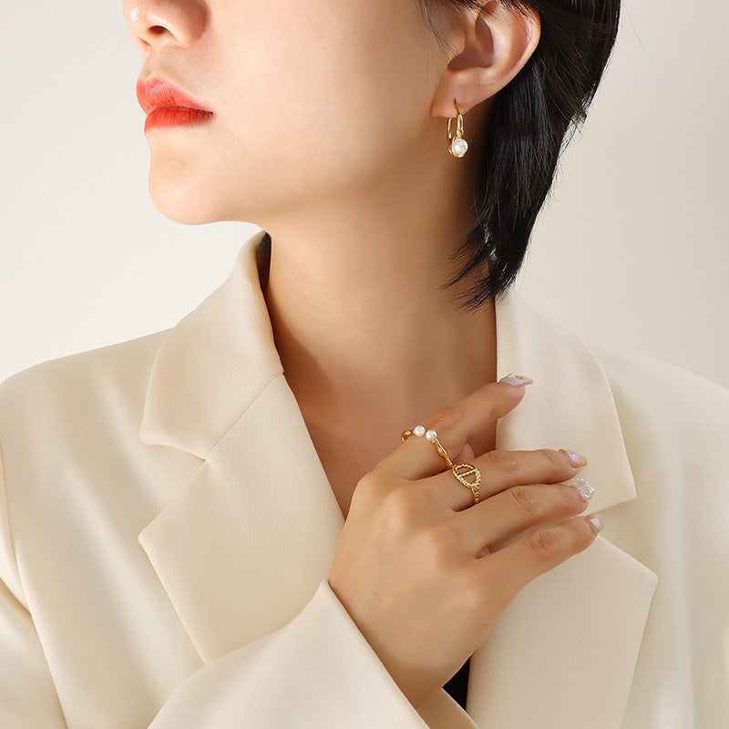 Korean Inspired Pearl Inlay Gold-Plated Titanium Steel Earrings