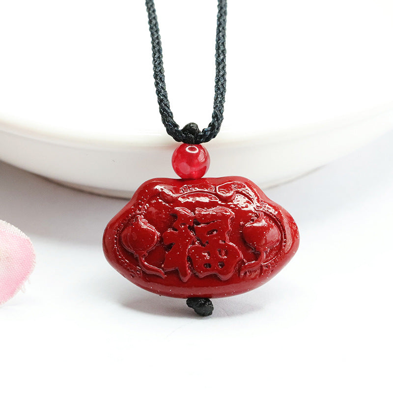 Longevity Blessing Lock Pendant with Purple and Gold Sand and Cinnabar Stone