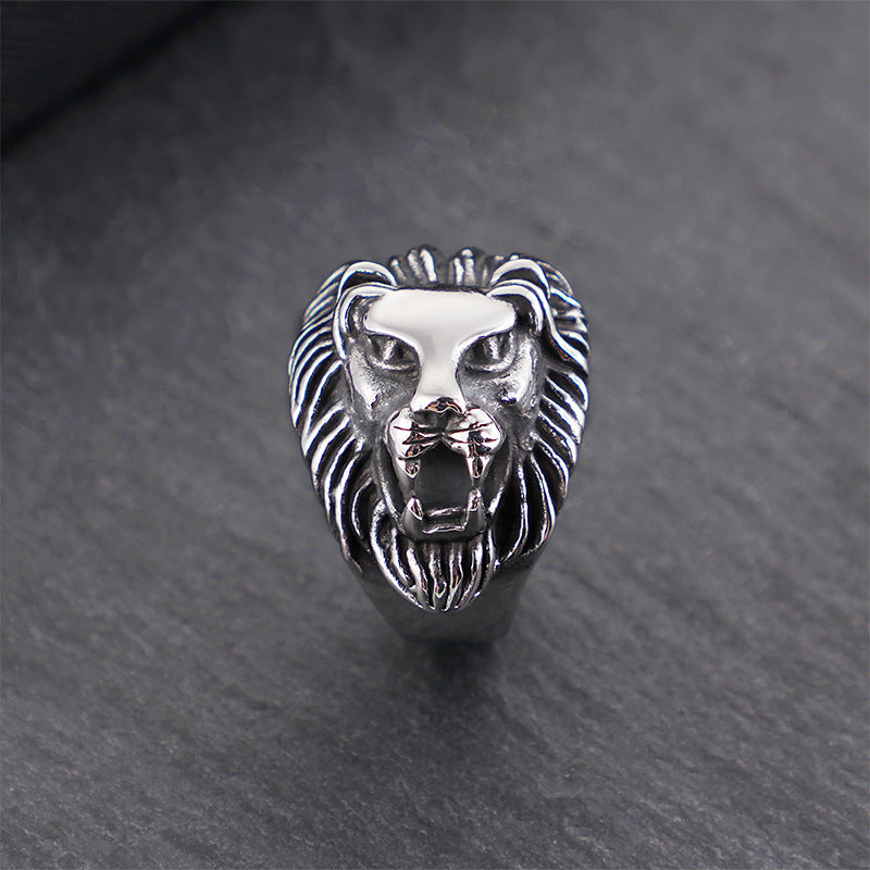 Vintage European and American Style Stainless Steel Lion Head Men's Ring in Titanium for Wholesale