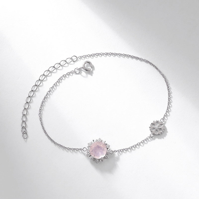 Christmas Winter Snowflake Round Pink Crystal Sterling Silver Bracelet