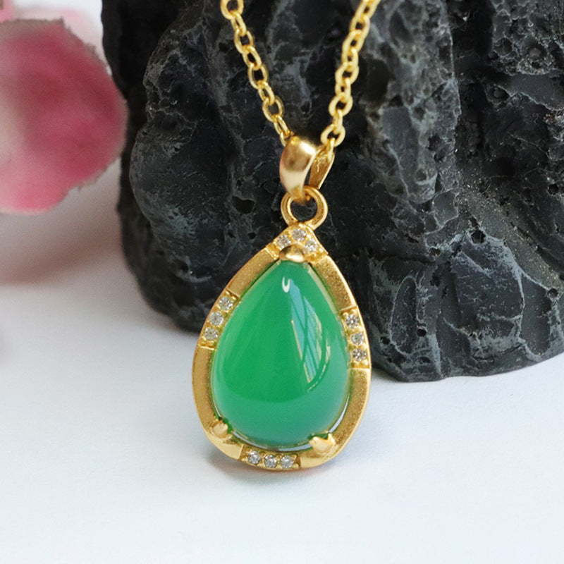 Sterling Silver Necklace with Green Chalcedony Droplet Pendant