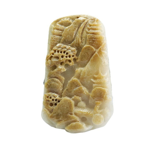 Yellow Jade Landscape Sculptured Pendant with Sterling Silver Needle