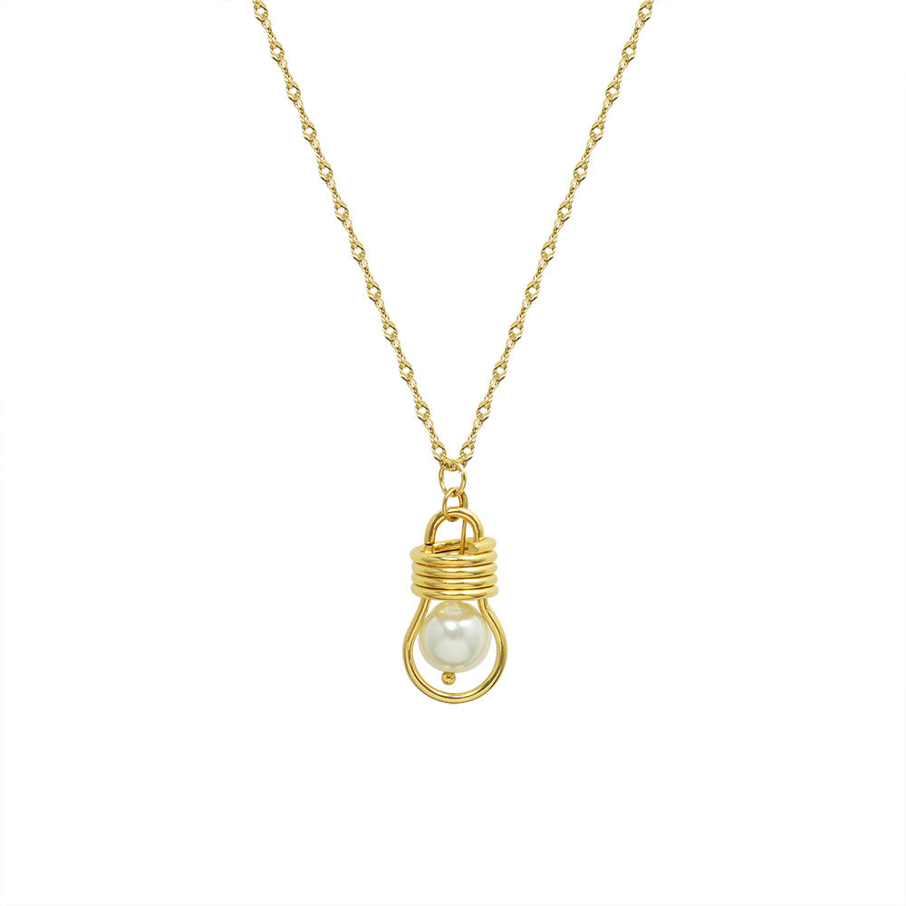 French Instagram Style Light Bulb Pendant Necklace with Collarbone Chain and Imitation Pearl Detail