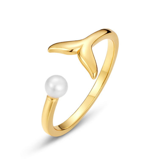 Mermaid Tail Round Pearl Opening Sterling Silver Ring