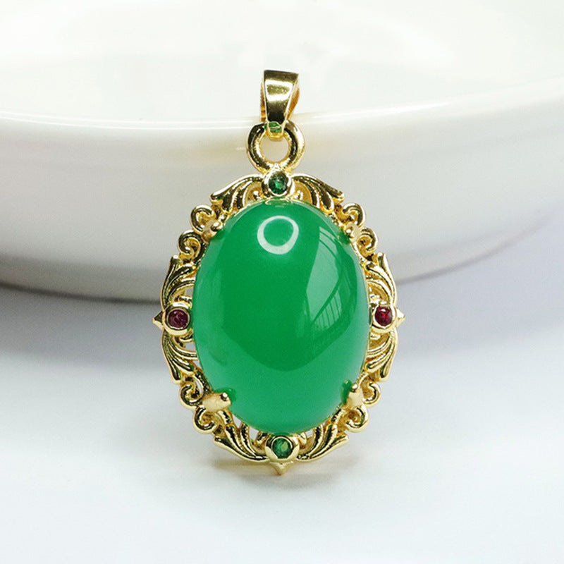 Ethnic Style Oval Golden Pendant with Green Chalcedony and Red Agate Edging