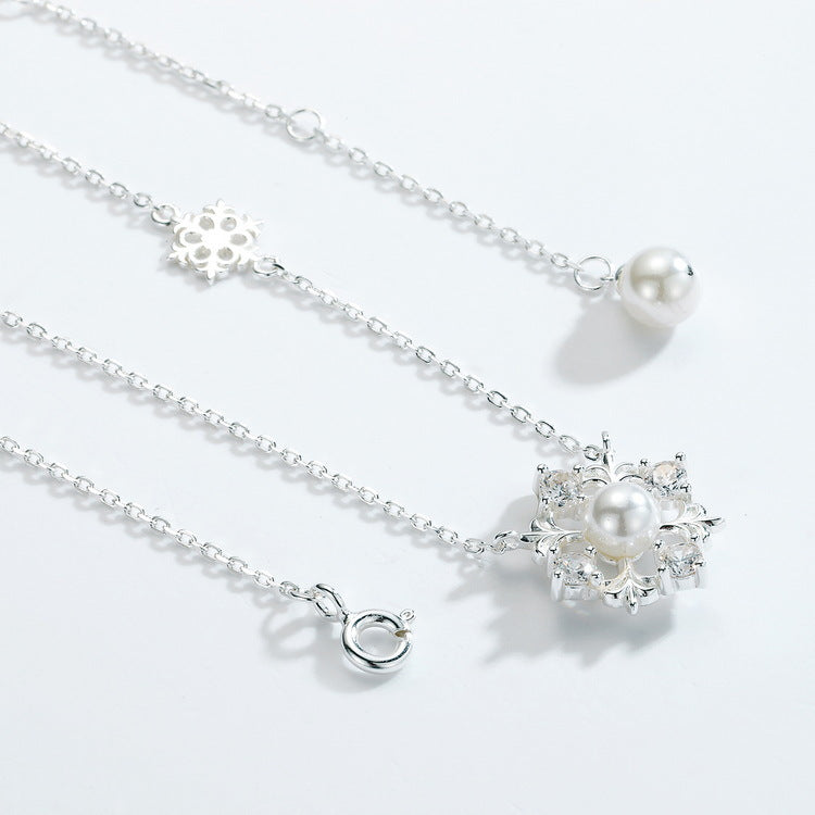 Christmas Pearl Zircon Snowflake Sterling Silver Necklace