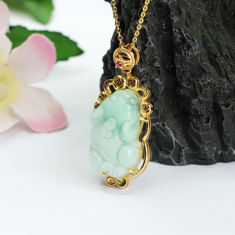 Sterling Silver Pixiu Jade Pendant Necklace with Hollow Edge