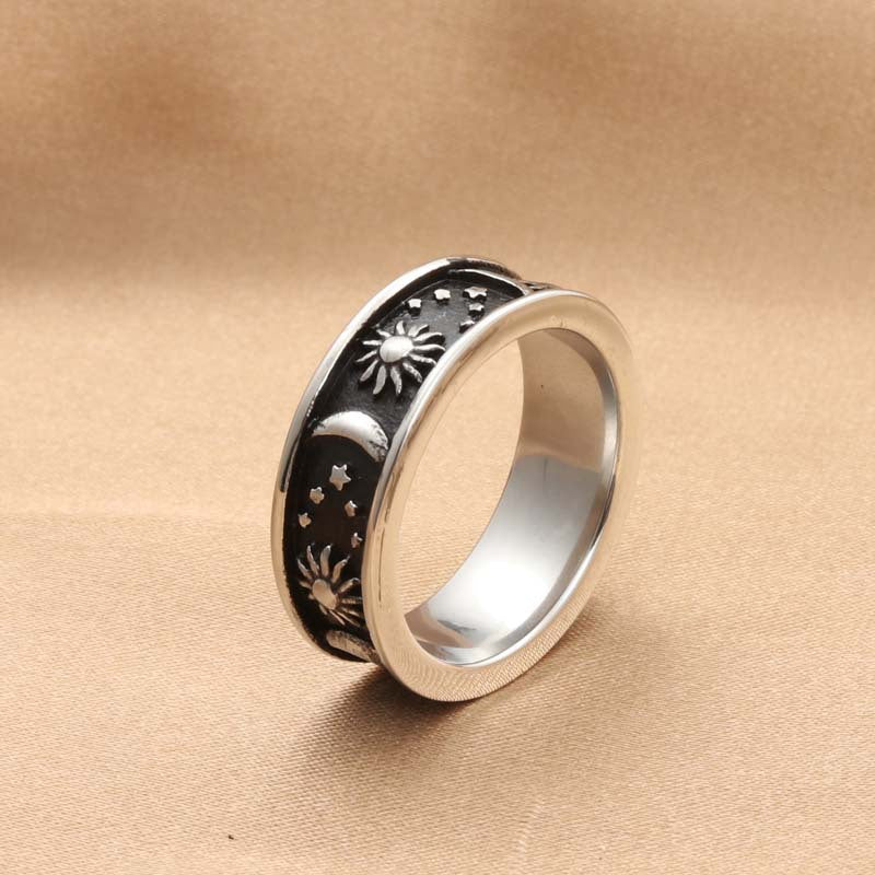 Titanium Steel Cosmic Star and Moon Ring - Retro Men's Jewelry Accessory