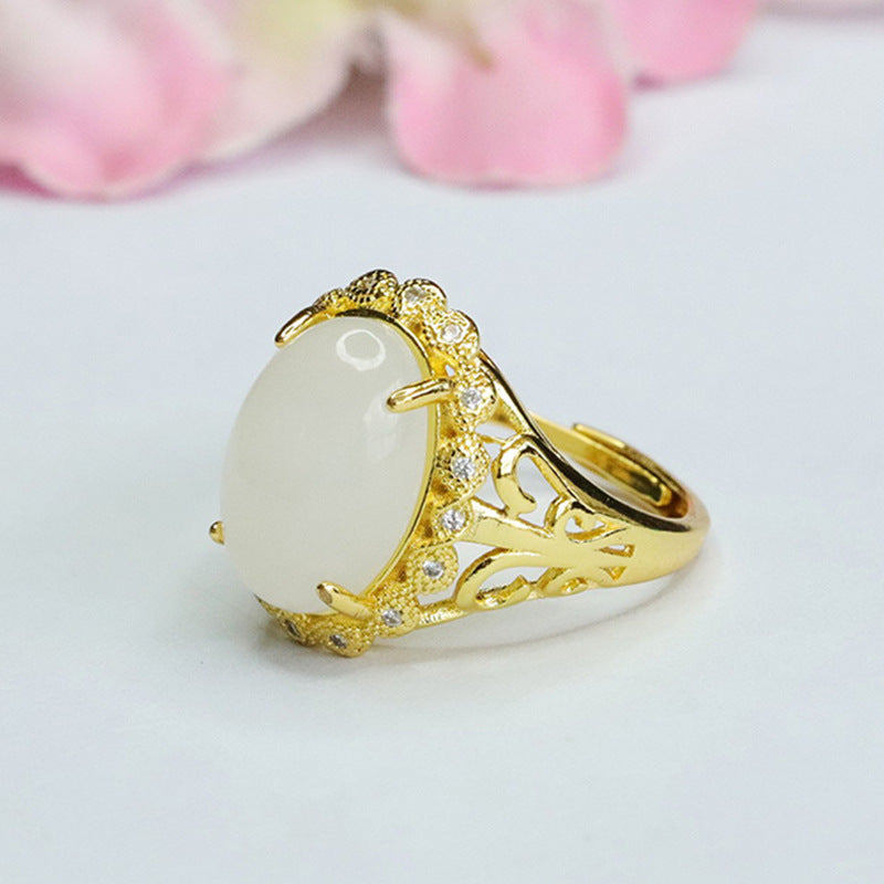 Exquisite Fortune's Favor Sterling Silver Ring with Oval White Hotan Jade and Zircon Petals