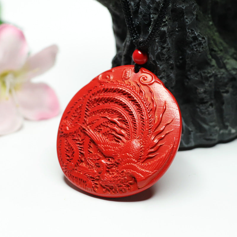 Phoenix Cinnabar Pendant with Red Sand Round Jewelry