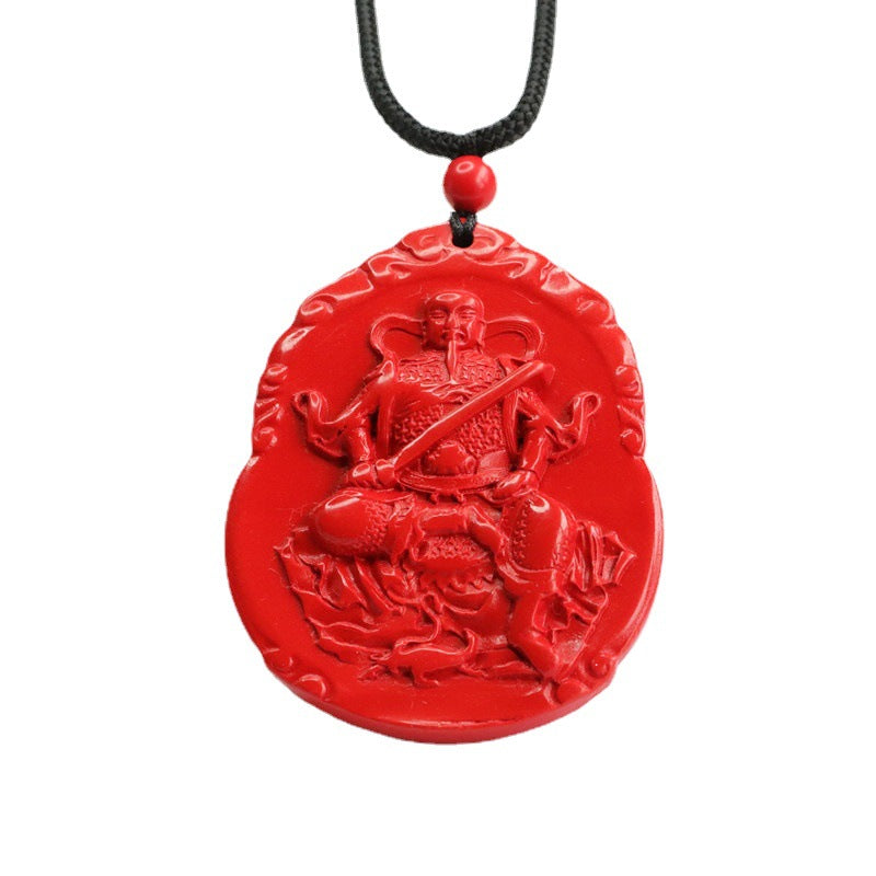 Zhenwu Emperor Inspired Cinnabar Pendant with Red Sand - Sterling Silver Ethnic Jewelry