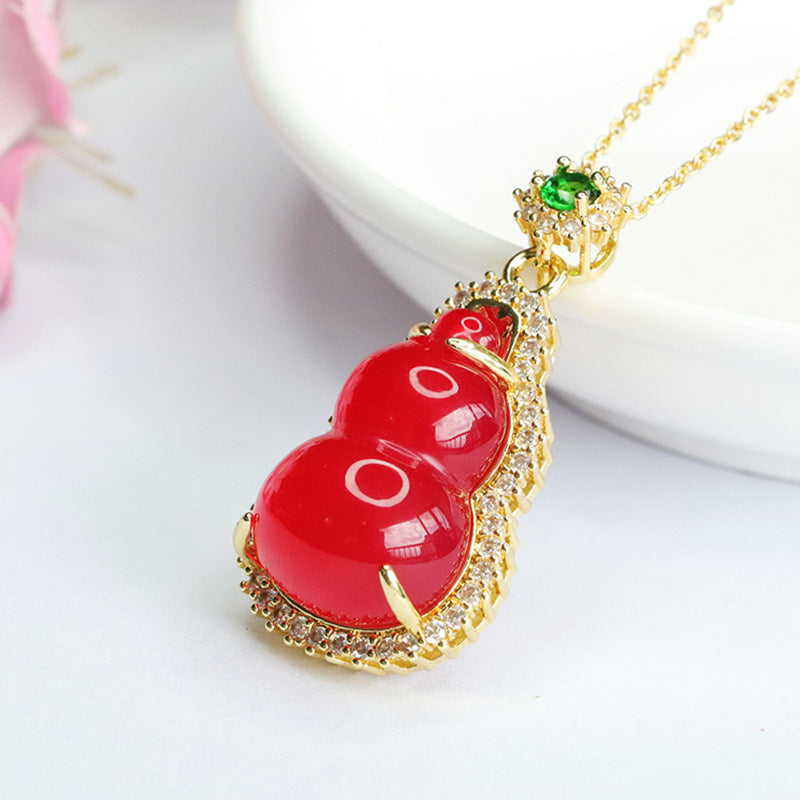 Red Agate Gourd Pendant Necklace with Zircon Halo