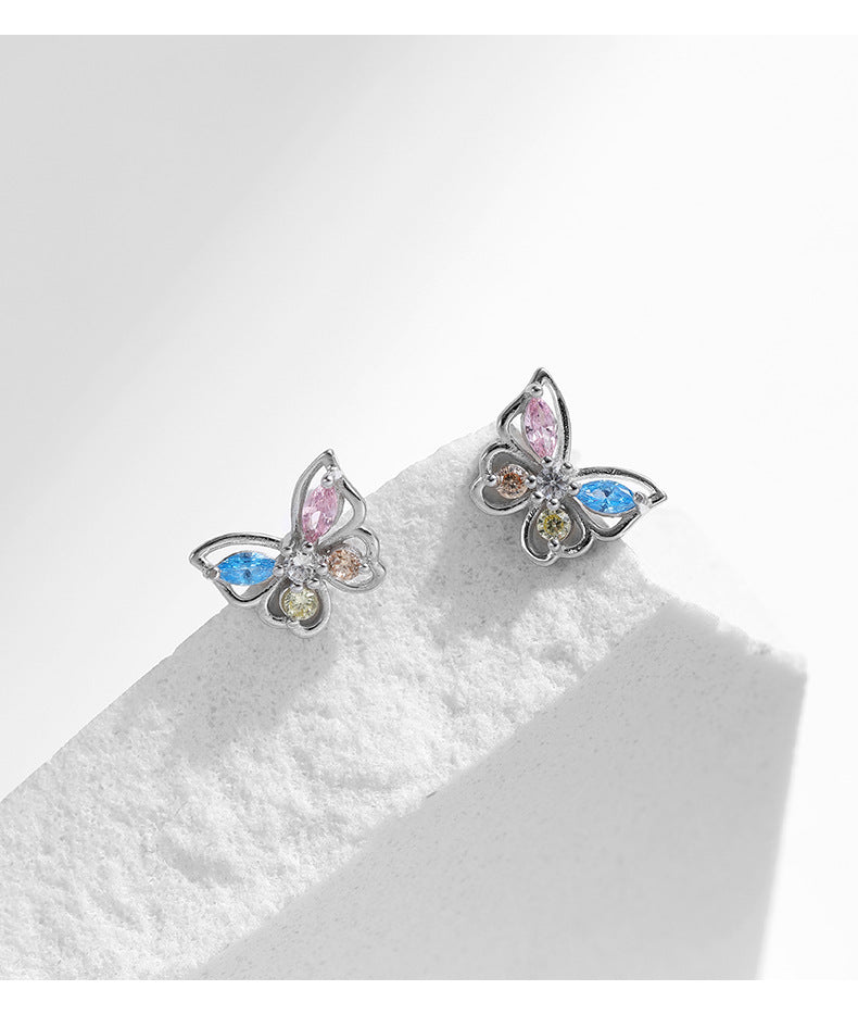 925 Sterling Silver Dopamine Color Butterfly Stud Earrings - Sweet and Delicate Korean Version