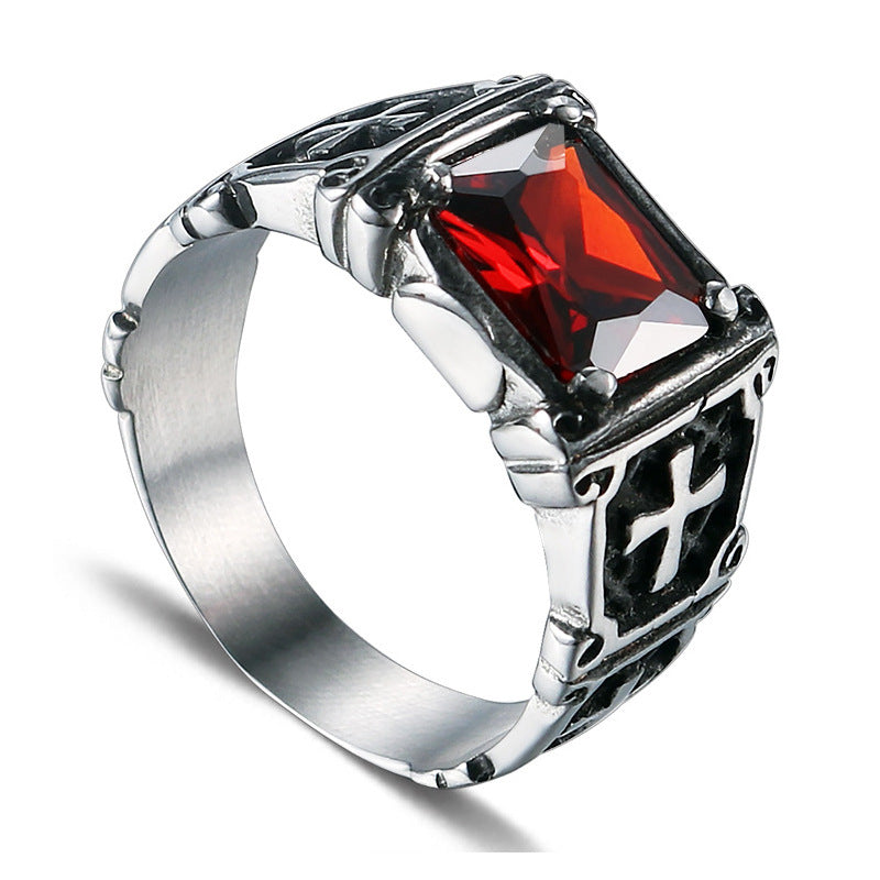 Men's Retro Red Diamond Cross Ring - Zircon-Encrusted Titanium Steel Fashion Accessory