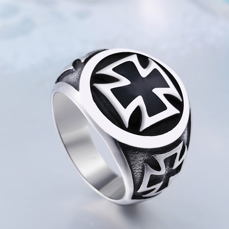 Titanium Steel Epoxy Ring for Men - Retro Cross Design, Stylish Stainless Steel Band for European and American Fashion