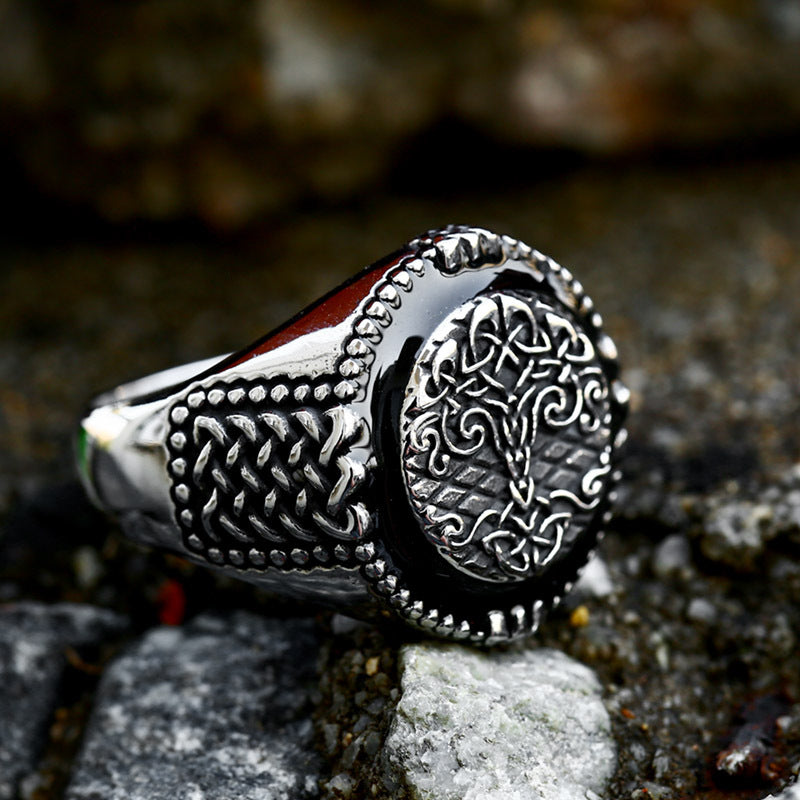 Viking-Inspired Titanium Steel Life Tree Ring for Men - Wholesale Retro Epoxy Jewelry