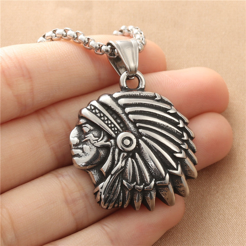 Vintage Punk Titanium Steel Indian Pendant Necklace for Men