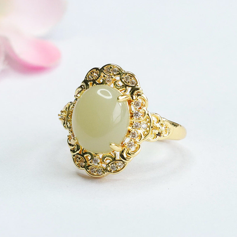 Elegant Hetian Jade Palace Style Ring with Sterling Silver