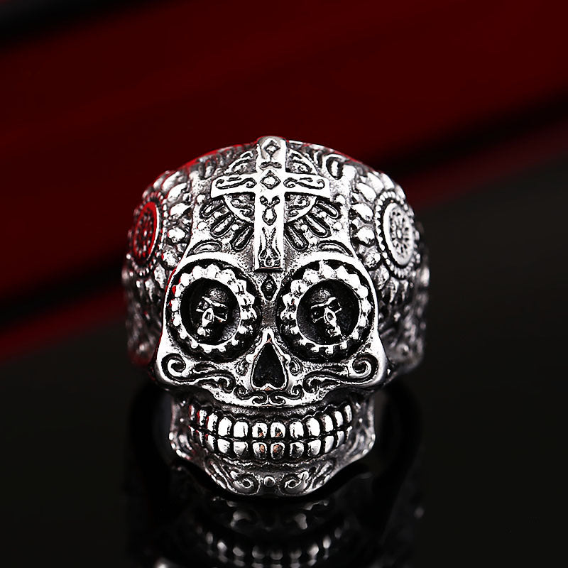 Custom Engraved Skull Cross Ring in Retro Titanium Steel for Men - European and American Style Stainless Steel Ring