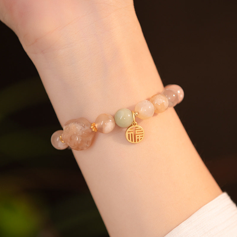 Cherry Blossom Agate Cat Claw Bracelet in S925 Silver for Girls, Fresh and Sweet Style Handcrafted Gift