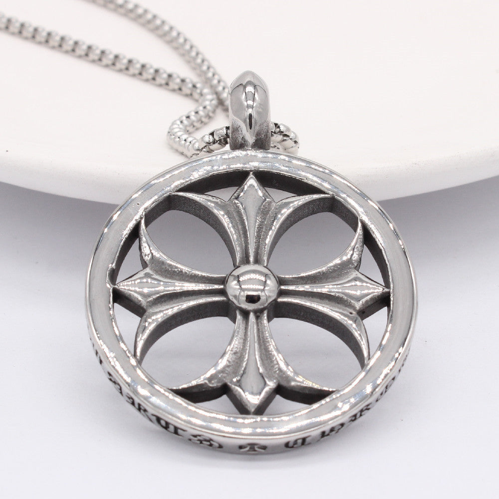 Cross Flower Hollow Round Titanium Steel Necklace for Men