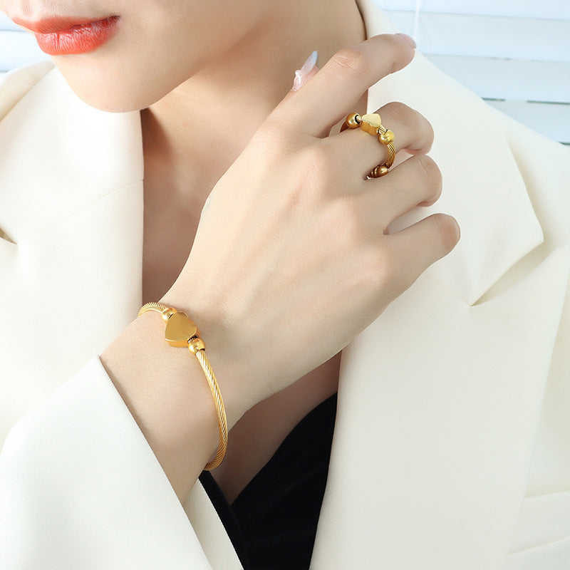 Gold-plated Love Coil Bracelet and Ring Set - Korean Fashion Jewelry