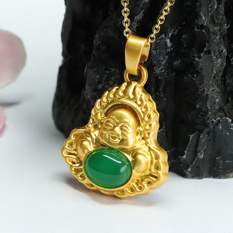 Green Chalcedony Maitreya Buddha Pendant with Sterling Silver