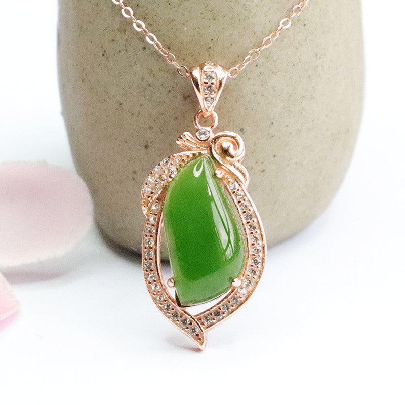 Droplet Spinach Green and Zircon Sterling Silver Necklace with Natural Hetian Jade