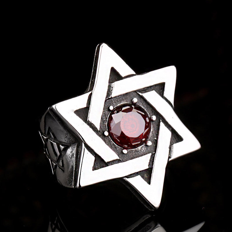 Men's Hexagram Ring in Titanium Steel with Zircon Inlay - Retro European and American Style Jewelry