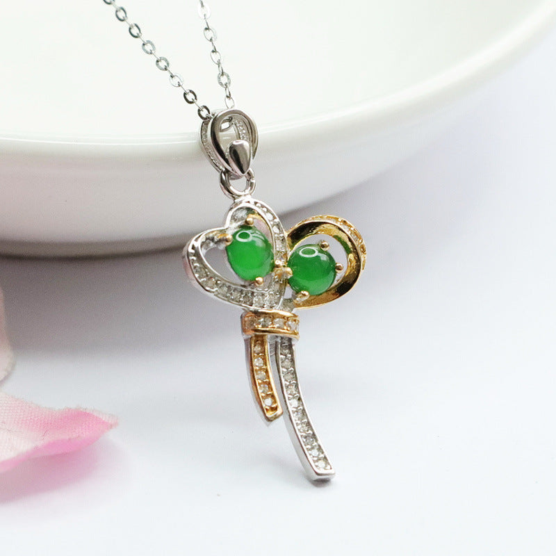 Emperor's Jade Bow Necklace: Sterling Silver with Green Jade and Zircon