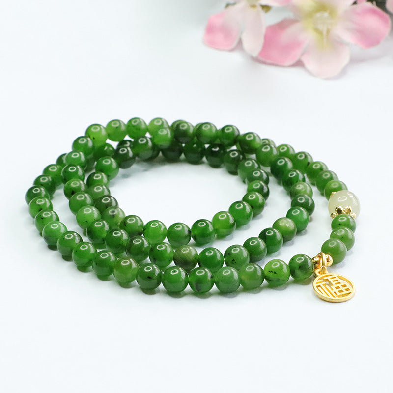 Natural Hetian Jade and Russian Jasper Sterling Silver Bracelet