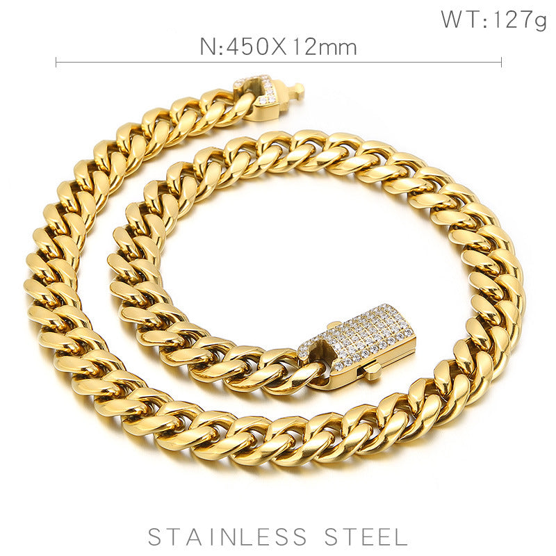 Trendy Hip-hop Style Zircon-encrusted Titanium Steel Men's Bracelet and Necklace Set