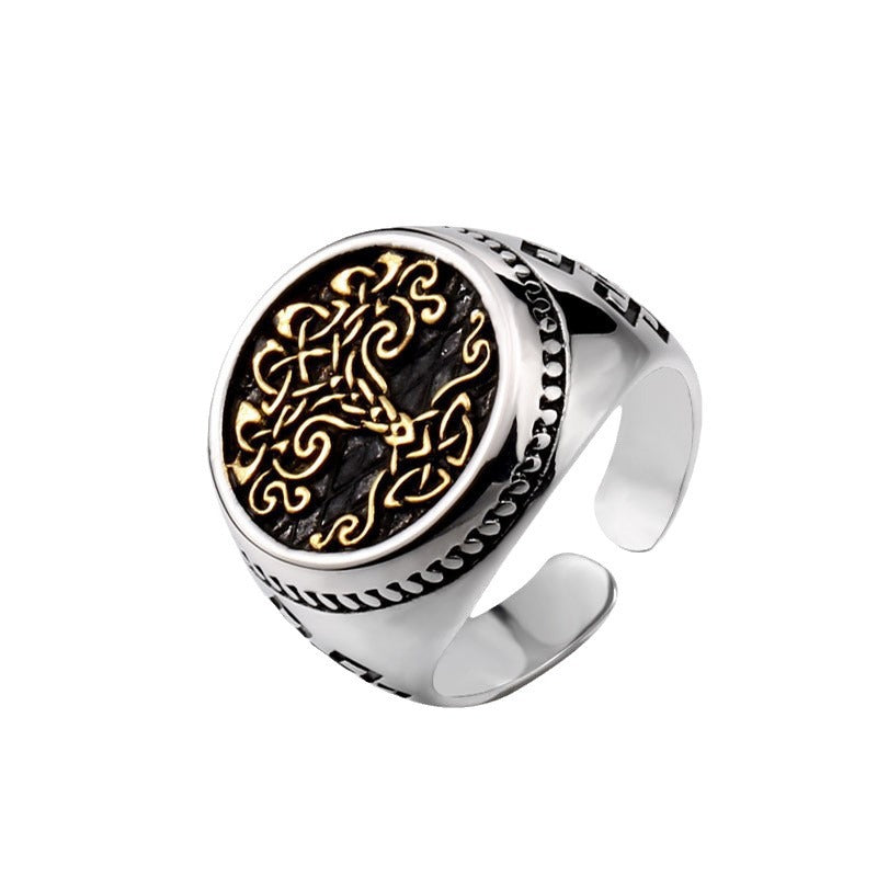 Retro Titanium Steel Open Ring for Men - European and American Inspired Life Tree Design