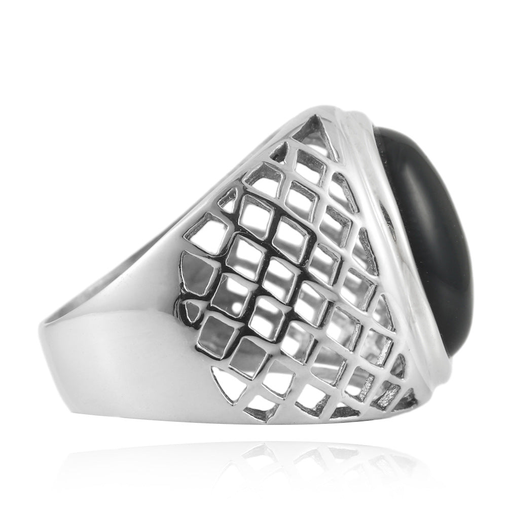 Trendy Titanium Steel Oval Hollow Ring for Men and Women with Black Stone Accent