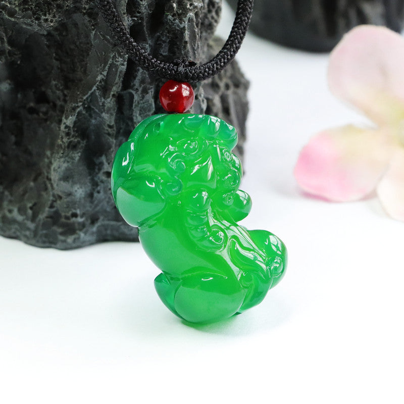 Green Jade Chalcedony Pixiu Sterling Silver Pendant