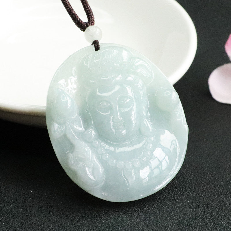 Enchanting Natural Jade Guanyin Avatar Sterling Silver Pendant