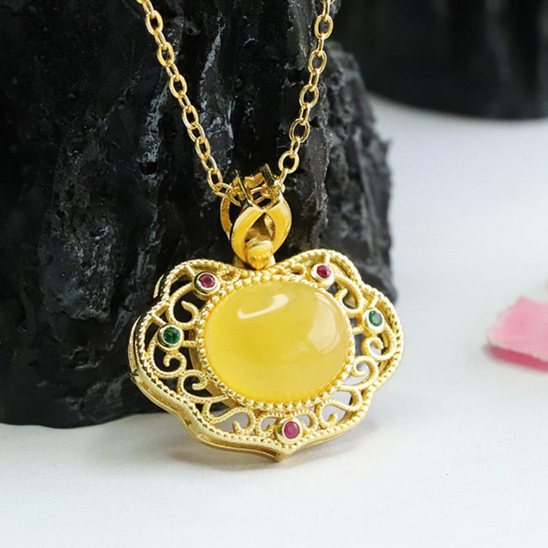 Amber Honey Wax Pendant with Sterling Silver Ruyi Design Jewelry for Women