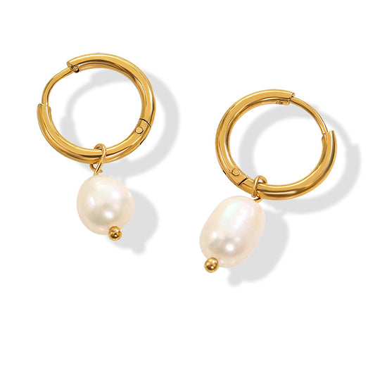 Elegant French Inspired Freshwater Pearl Earrings in Titanium Steel and 18K Gold Plating