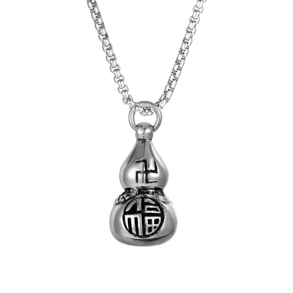 Vintage Chinese Style Titanium Steel Necklace with Gourd Fulu Pendant - Men's Lucky Charm Necklace