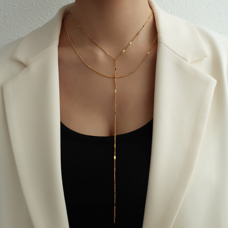 Enchanting Double-Layered Tassel Necklace with Titanium Steel and 18k Gold Accents