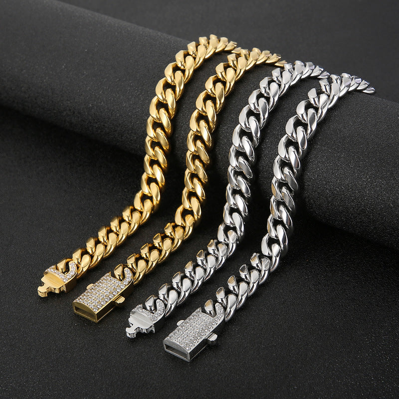 Trendy Hip-hop Style Zircon-encrusted Titanium Steel Men's Bracelet and Necklace Set