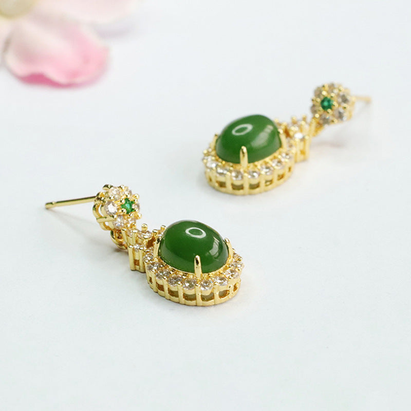 Green and White Zircon Sterling Silver Earrings with Jade Gemstones