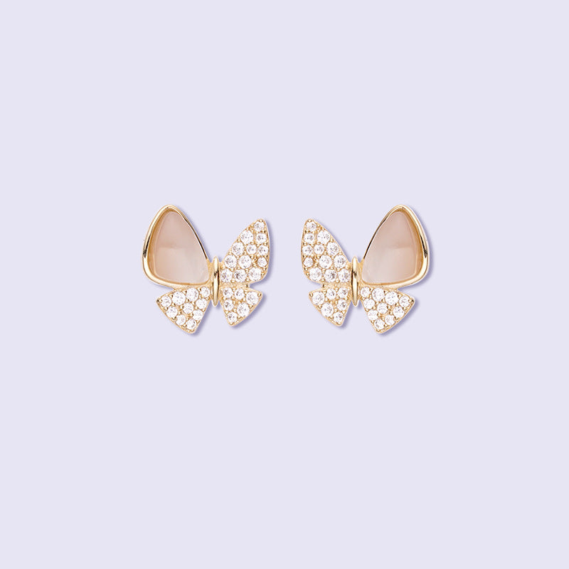 Butterfly with Mother of Pearl and Zircon Silver Stud Earrings