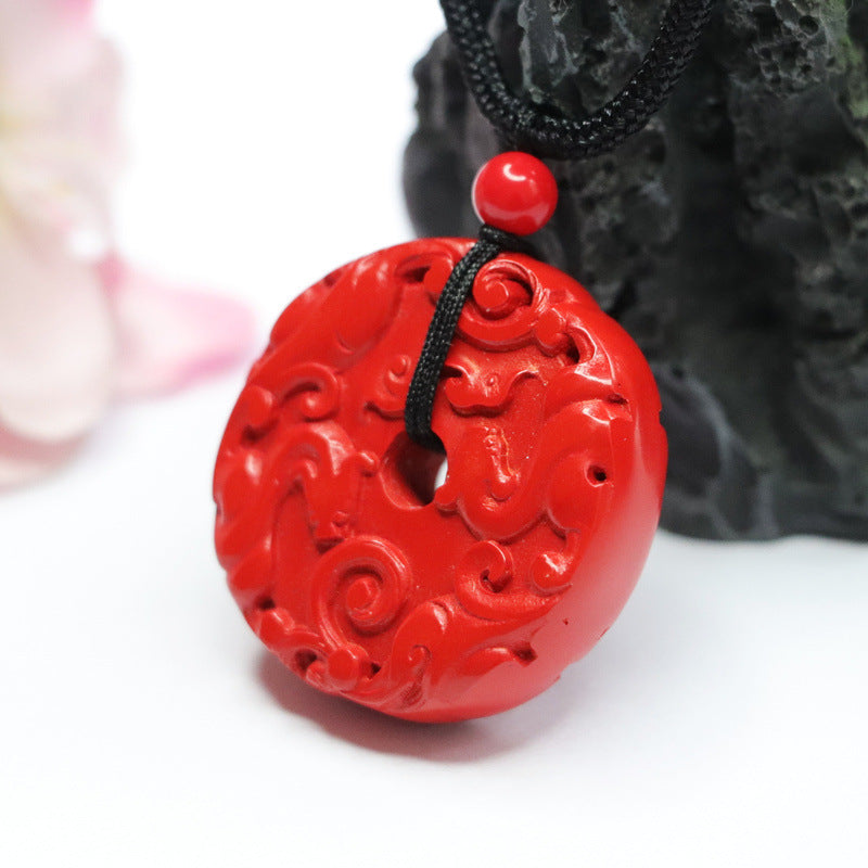 Cinnabar Double-sided Carved Ancient Dragon Safety Buckle Pendant