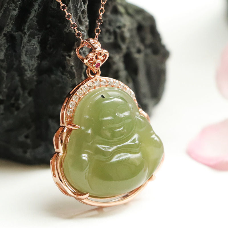 S925 Sterling Silver Maitreya Buddha Necklace with Hotan Jade Pendant